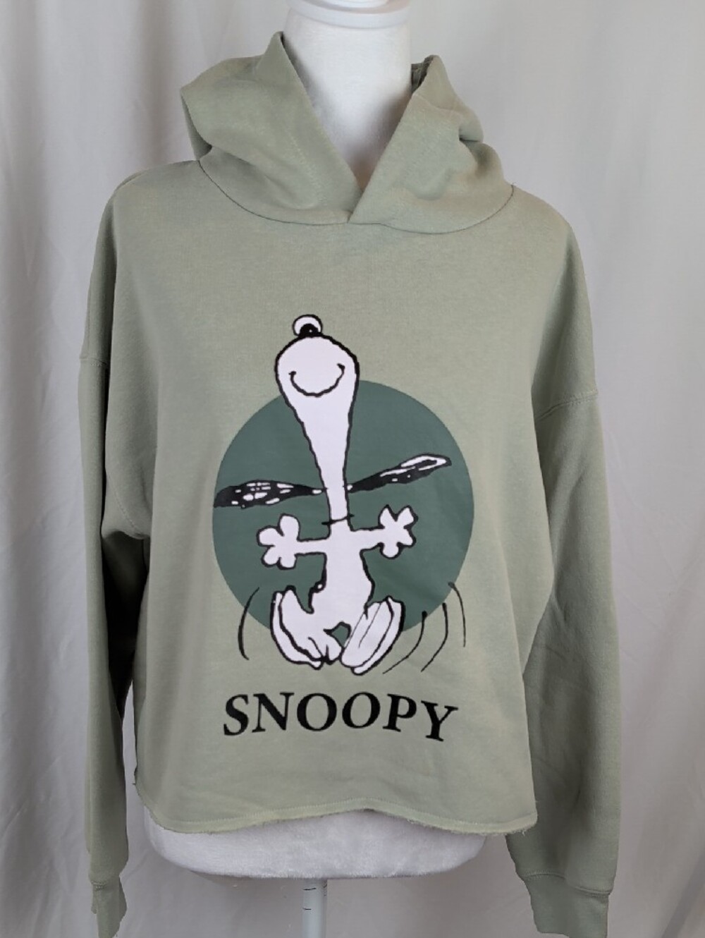 HOODIES Peanuts Snoopy Sage Green Raw Hem Frayed Cropped Hoodie One Size